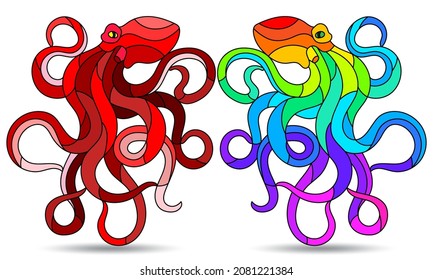 Set of stained glass elements with octopuses, animals isolated on white background