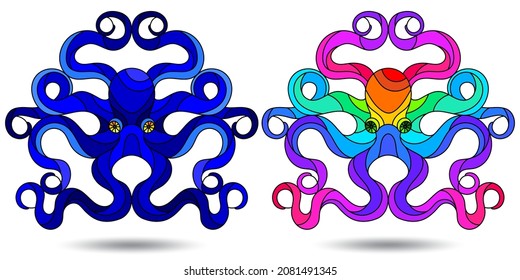 Set of stained glass elements with octopuses, animals isolated on white background