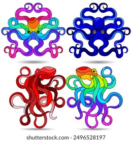 Conjunto de Elementos de vidrieras con pulpos, animales aislados sobre fondo blanco