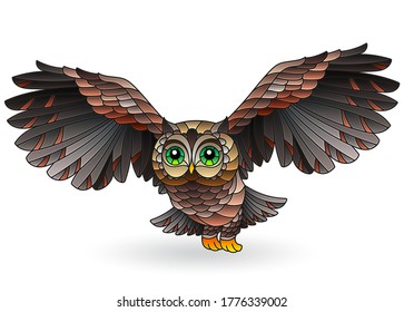 Set of stained glass elements with owl, brown bird isolated on white background