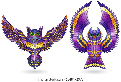 Set of stained glass elements with owls, bright birds isolated on white background