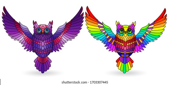 Set of stained glass elements with owls, bright birds isolated on white background