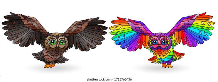 Set of stained glass elements with owls, bright birds isolated on white background