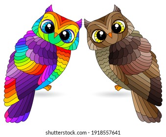 Set of stained glass elements with owls, bright birds isolated on white background