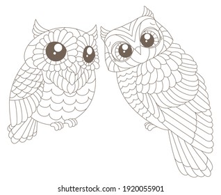 Set of stained glass elements with owls, contour birds isolated on white background