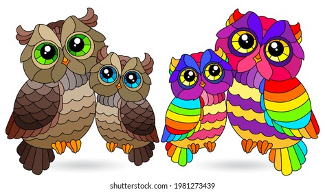 Set of stained glass elements with owls, bright birds isolated on white background