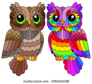 Set of stained glass elements with owls, bright birds isolated on white background