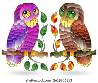 Ensemble d'éléments en vitrail avec des hiboux, oiseaux lumineux isolés sur fond blanc