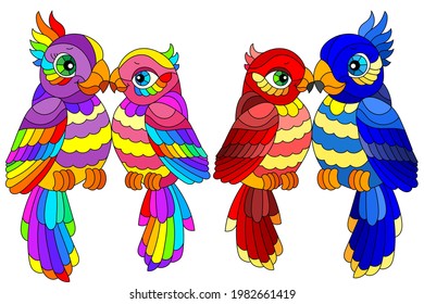 Set of stained glass elements with parakeets, bright birds isolated on white background
