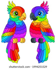 Set of stained glass elements with parakeets, bright birds isolated on white background