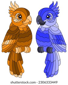 Set of stained glass elements with parakeets, birds isolated on white background, tone blue and brown