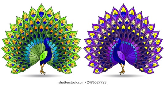 Set of stained glass elements with peacock birds,animals isolated on white background