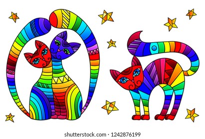 Set of stained glass elements with rainbow cats and stars, isolated images on white background