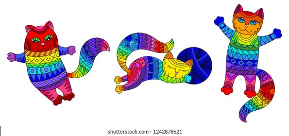 Set of stained glass elements with rainbow cats , isolated images on white background