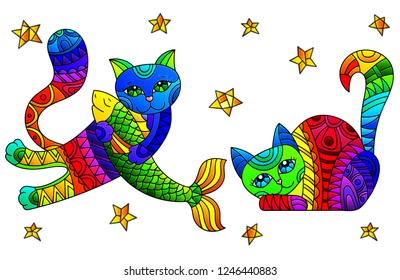Set of stained glass elements with rainbow cats and stars, isolated images on white background