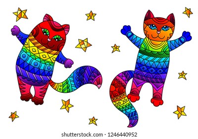 Set of stained glass elements with rainbow cats and stars, isolated images on white background