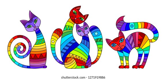 Set of stained glass elements with rainbow cats , isolated images on white background