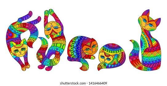 Set of stained glass elements with rainbow cats , isolated images on white background