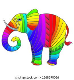 Set of stained glass elements with rainbow elephant , isolated image on white background