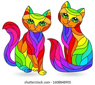 Set of stained glass elements with rainbow cats , isolated images on white background