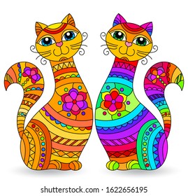 Set of stained glass elements with rainbow cats , isolated images on white background