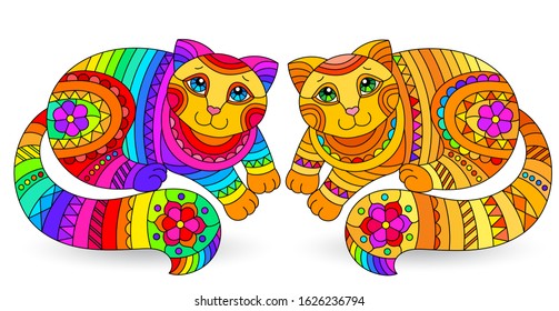 Set of stained glass elements with rainbow cats , isolated images on white background