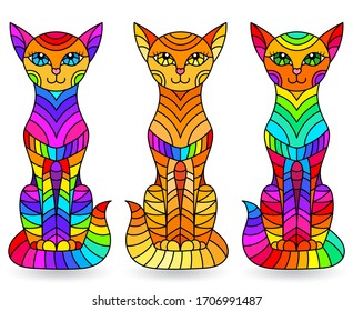 Set of stained glass elements with rainbow cats , isolated images on white background