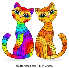 Set of stained glass elements with rainbow cats , isolated images on white background