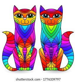 Set of stained glass elements with rainbow cats , isolated images on white background