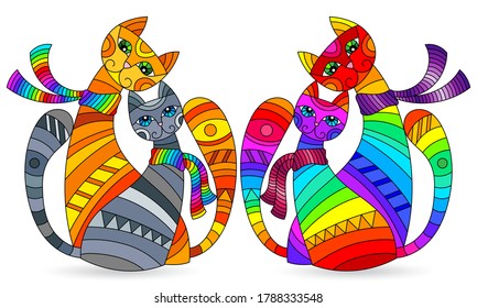 Set of stained glass elements with rainbow cats , isolated images on white background