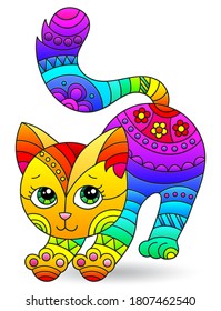 Conjunto de elementos de vidrio manchado con gato arco iris , imagen aislada sobre fondo blanco