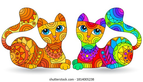 Conjunto de elementos de vidrio manchado con gatos arco iris , imágenes aisladas sobre fondo blanco