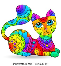 Set of stained glass elements with rainbow cat , isolated image on white background