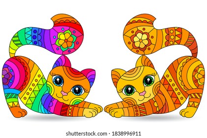 Set of stained glass elements with rainbow cats , isolated images on white background