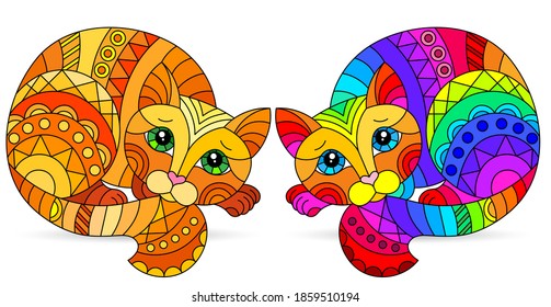 Set of stained glass elements with rainbow cats , isolated images on white background