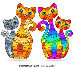 Set of stained glass elements with rainbow cats , isolated images on white background