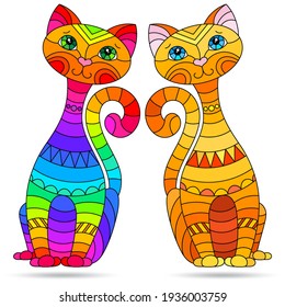 Set of stained glass elements with rainbow cats , isolated images on white background