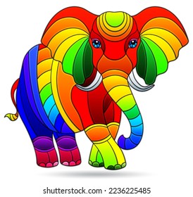 Set of stained glass elements with rainbow elephant , isolated image on white background