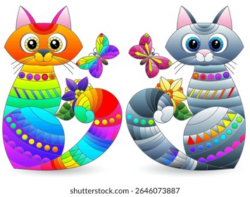Set of stained glass elements with rainbow cats , isolated images on white background