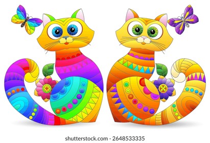 Conjunto de elementos de vitrais com gatos arco-íris, imagens isoladas sobre fundo branco