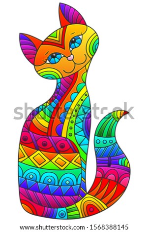 Set of stained glass elements with rainbow cat , isolated image on white background