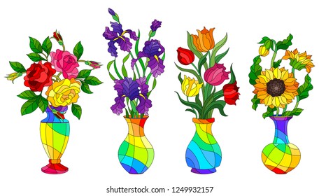 Set of stained glass elements, vases with flowers, tulips, roses, irises and sunflowers in bright vases, isolated on white background