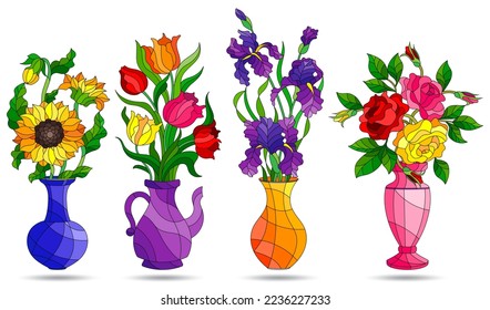 Set of stained glass elements, vases with flowers, tulips, roses, irises and sunflowers in bright vases, isolated on white background