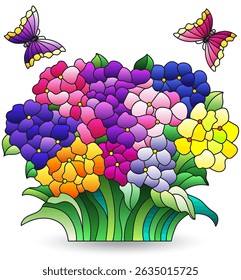 Set of stained glass illustration with bouquet of hydrangea flowers isolated on a white background