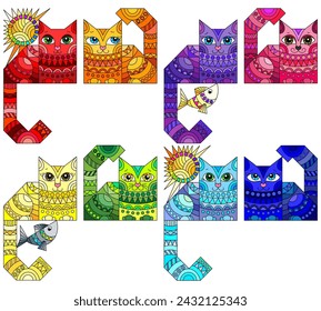 Set of stained glass illustration with bright geometric cats isolated on a white background