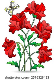 Set of stained glass illustration with composition of poppies and butterflies, isolated on a white background