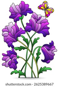 Set of stained glass illustration with composition of poppies and butterflies, isolated on a white background