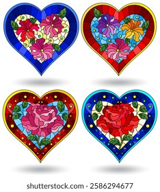 Set of stained glass illustration hearts, bright hearts with flowers on white background