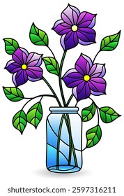 Set of stained glass illustration with still life, vase with flowers  isolated on a white background