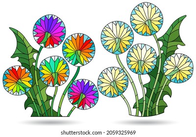 A set of stained glass illustrations with abstract dandelion flowers, bouquets isolated on a white background